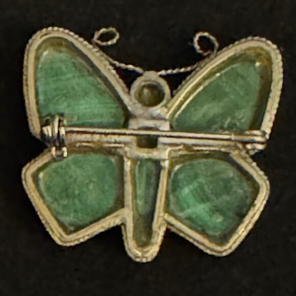 Vintage Sterling and Malachite Butterfly Brooch Pin Russia 1" - Picture 2 of 7